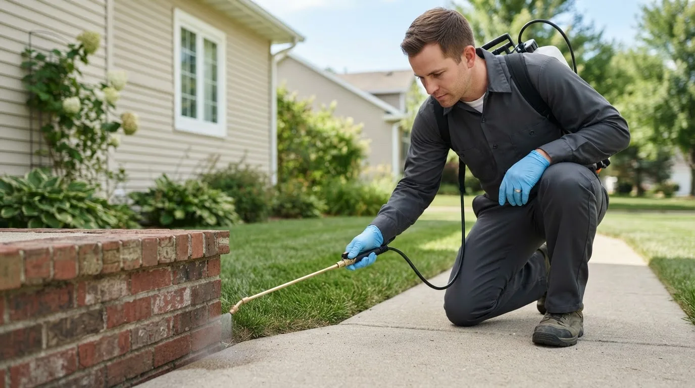 Pest control technician treating a home near Stallings, NC